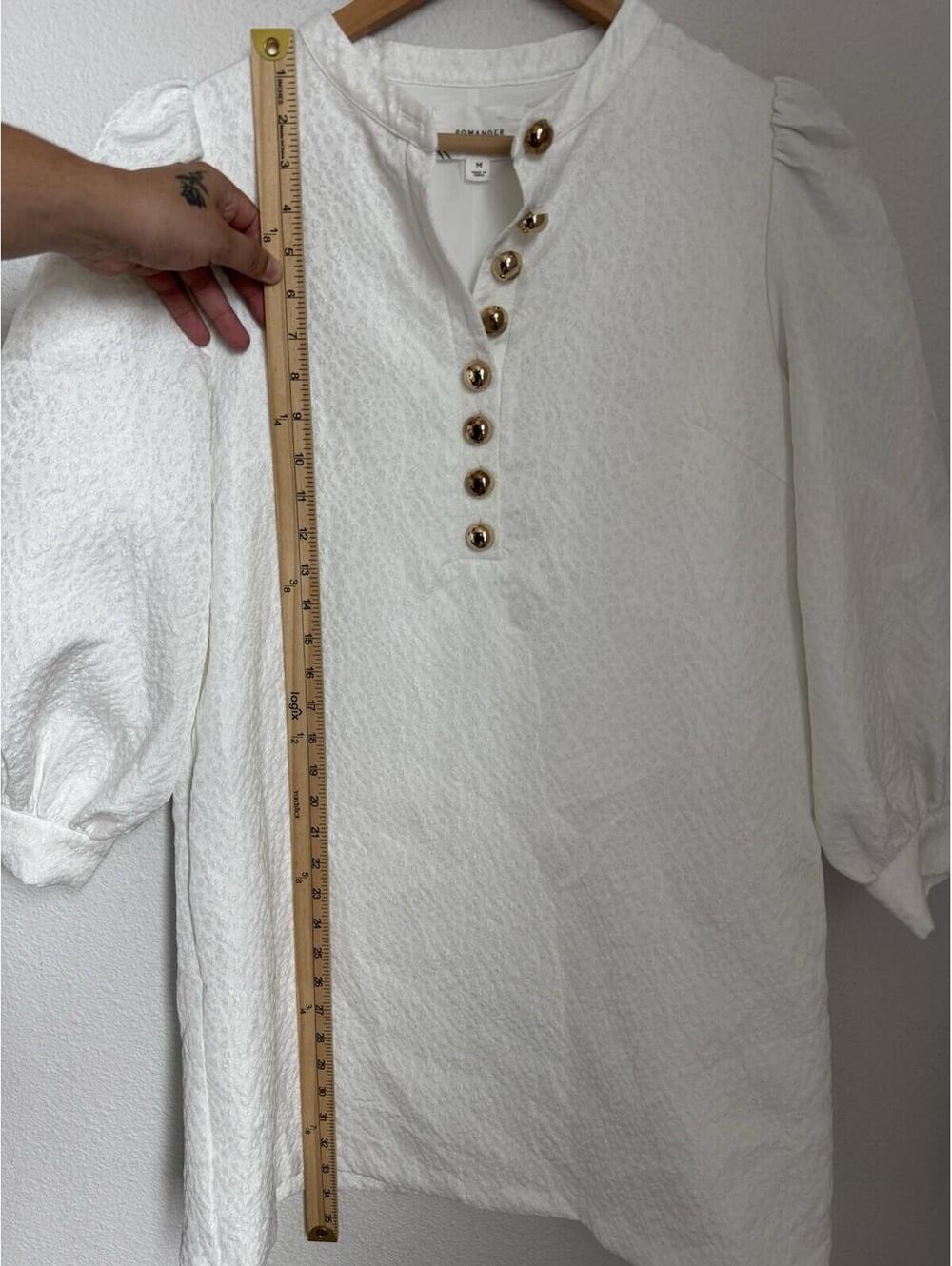 Pomander Place Tuckernuck Women's Med White Jacquard Samantha Gold Button Dress - Picture 6 of 9